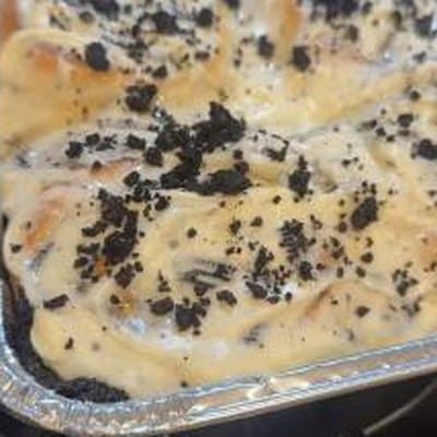 Cookies & cream cinnamon rolls fresh from the pan