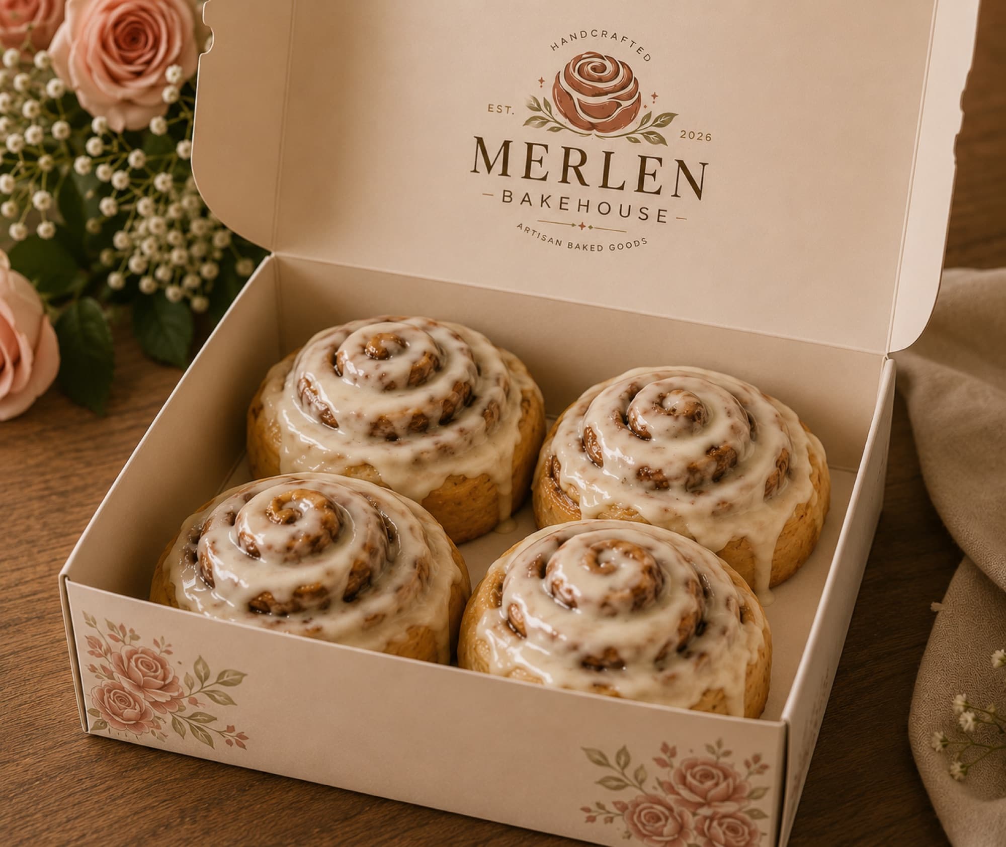 Box of four cinnamon rolls